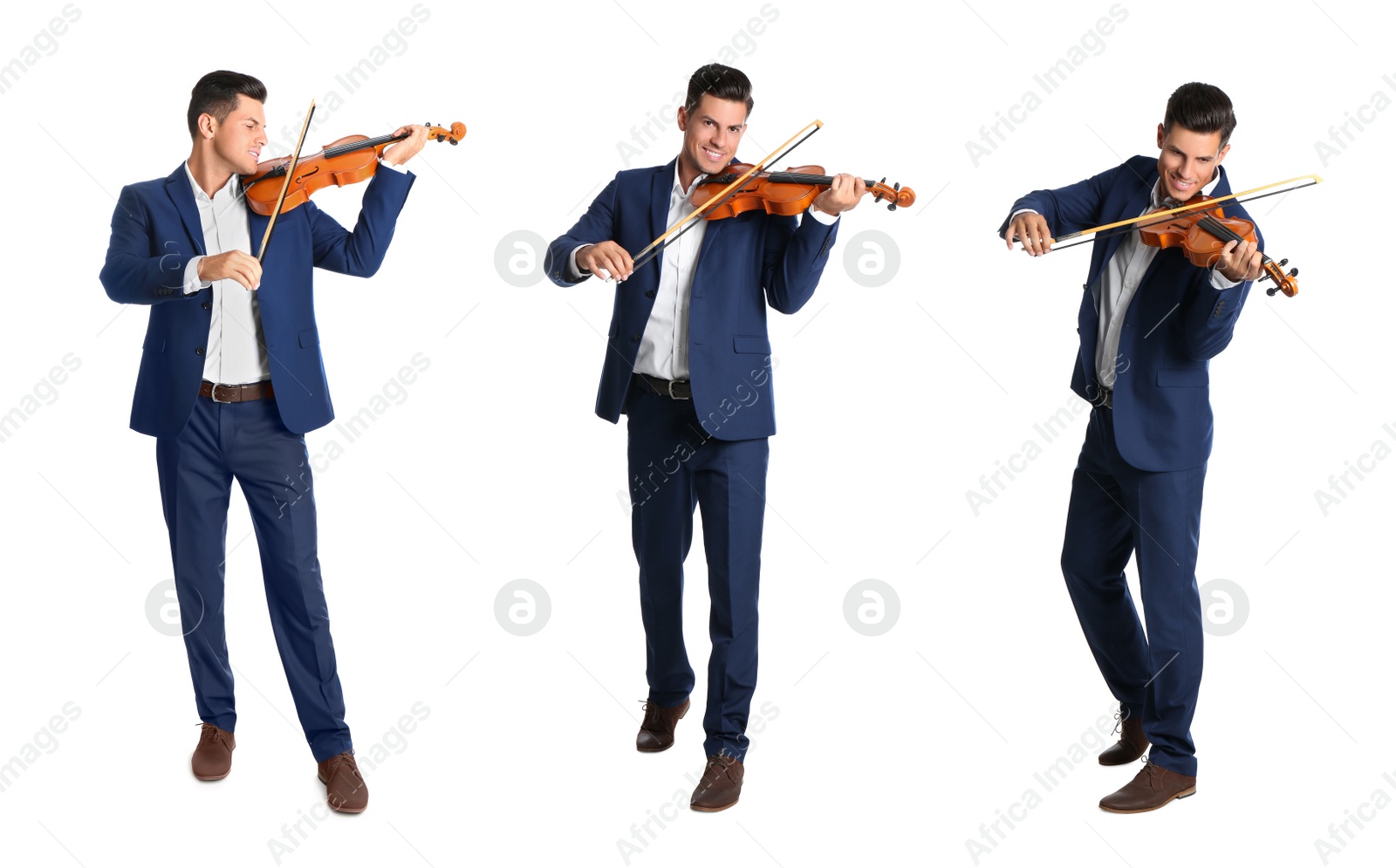 Image of Collage with photos of happy man playing violin on white background