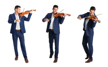 Collage with photos of happy man playing violin on white background