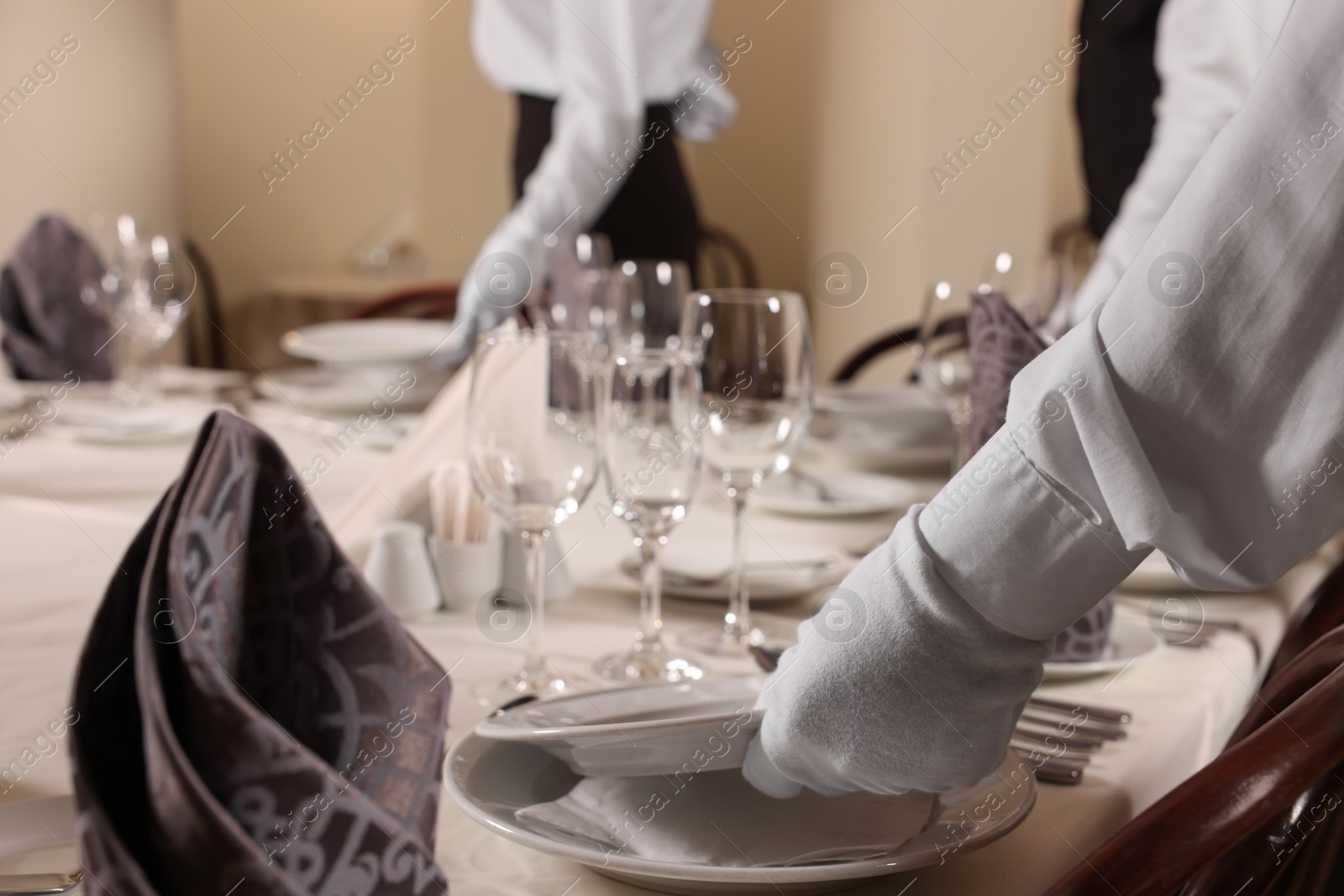 Photo of Woman setting table in restaurant, closeup. Professional butler courses