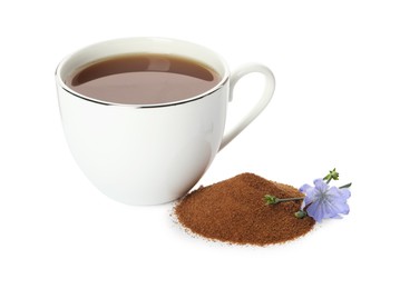 Cup of delicious chicory drink, powder and flower on white background