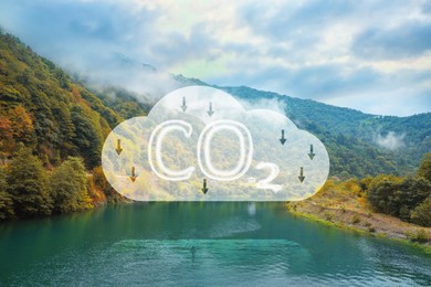 Reduce CO2 emissions. Illustration of cloud with CO2 inscription, arrows, beautiful mountain landscape and lake