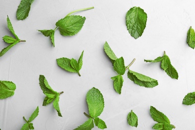 Fresh mint leaves on grey background, flat lay