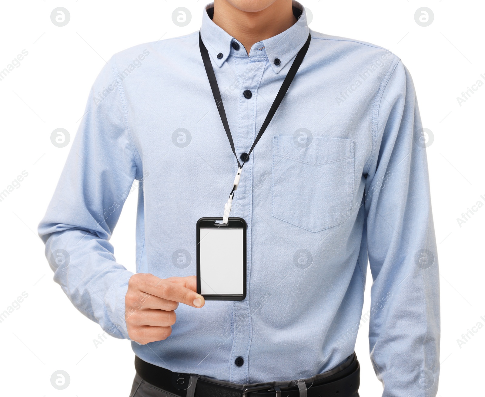 Photo of Man with blank badge on white background, closeup