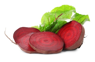 Photo of Cut fresh beet with leaves on white background