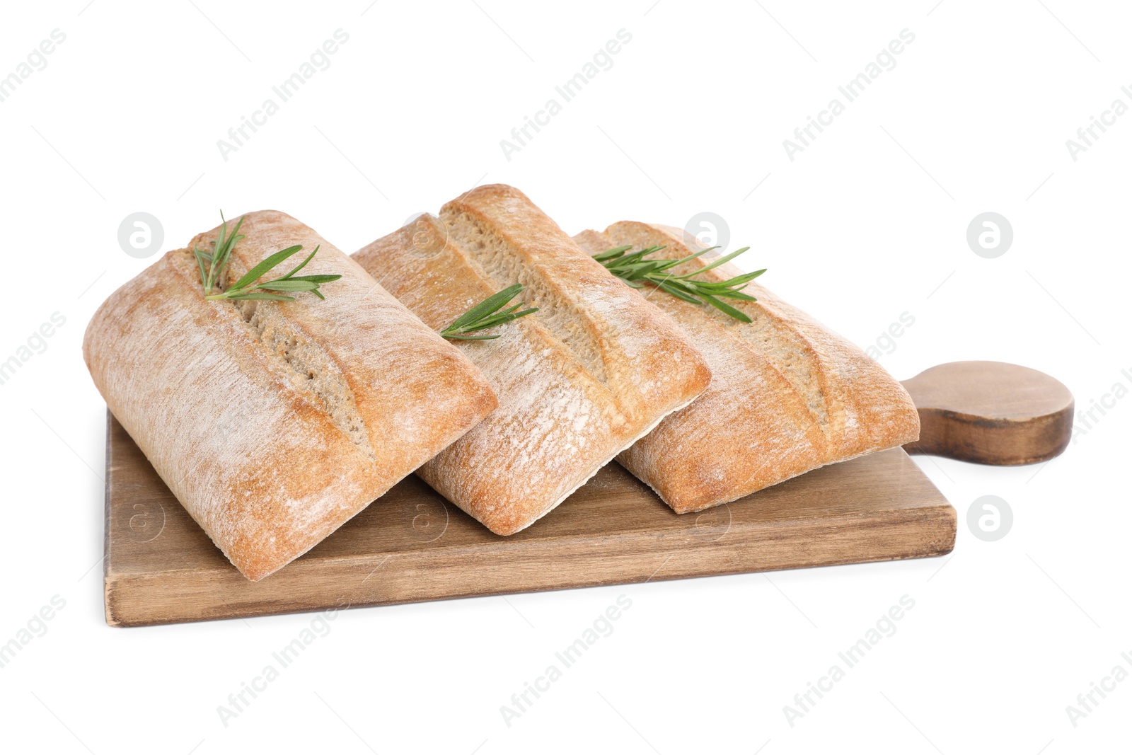 Photo of Crispy ciabattas with rosemary on white background. Fresh bread
