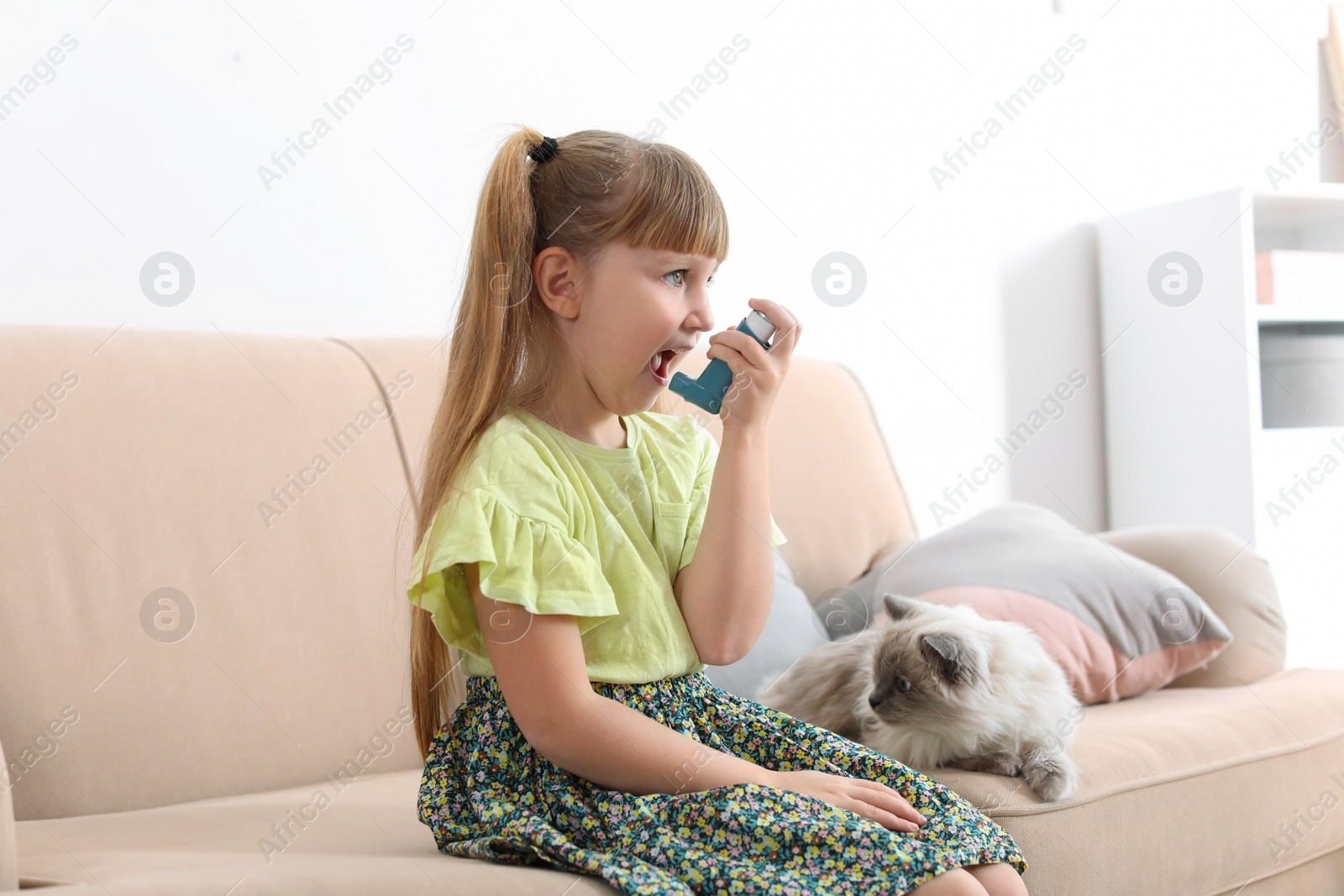 Photo of Little girl using asthma inhaler near cat at home. Health care