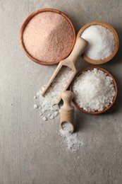 Photo of Different natural salt on grey textured table, flat lay. Space for text