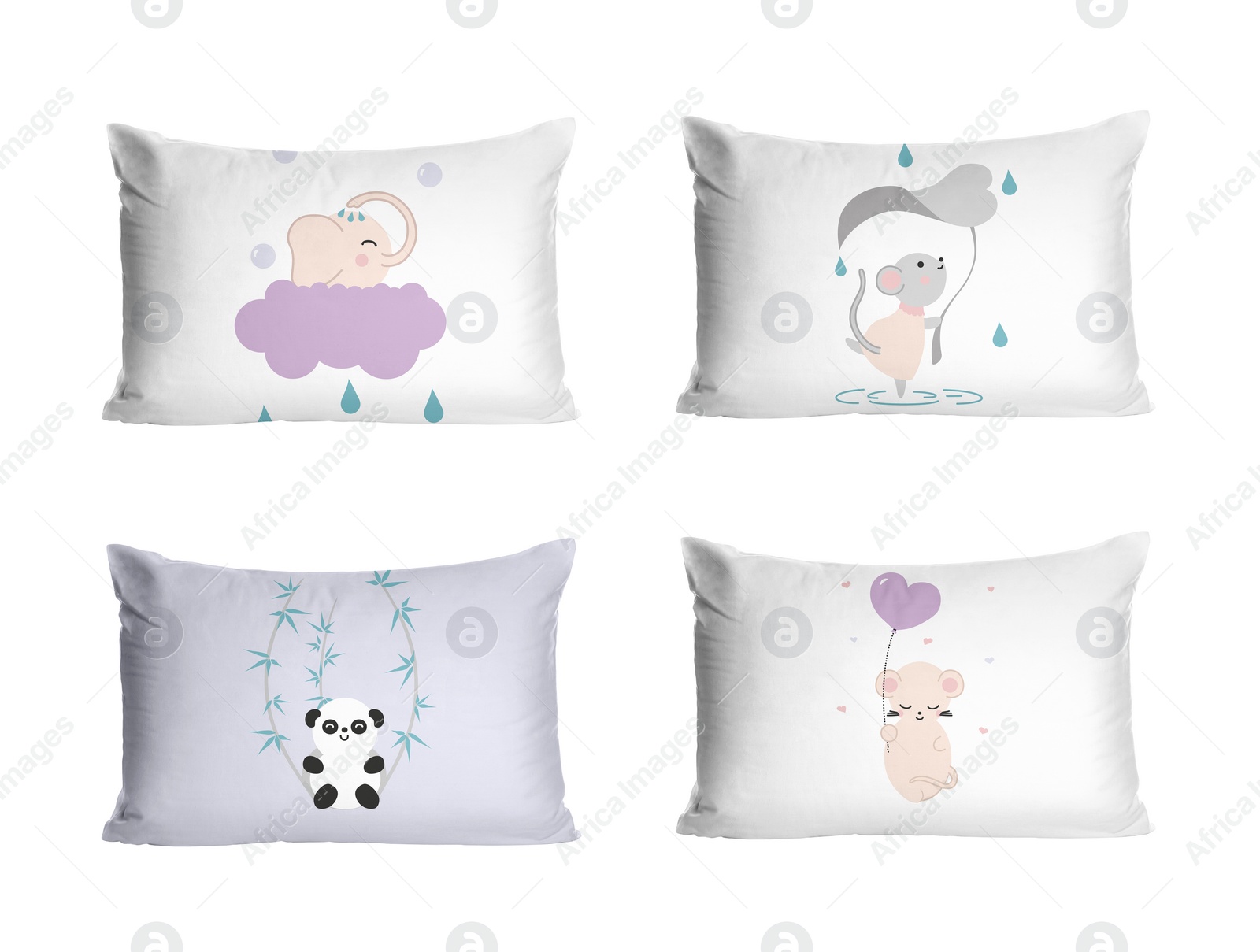 Image of Soft pillows with cute prints isolated on white, set