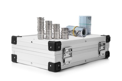 Image of Aluminum hard case, rolled dollar banknotes and stack of coins on white background