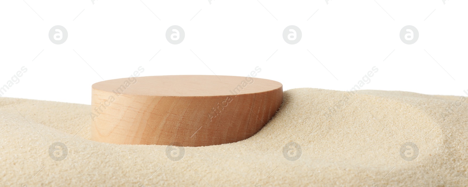 Photo of Presentation of product. Wooden podium on sand against white background. Space for text