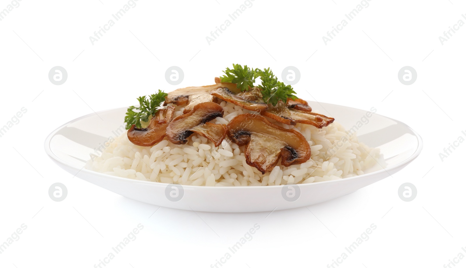 Photo of Plate with delicious rice with parsley and mushrooms isolated on white