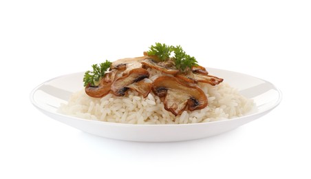 Photo of Plate with delicious rice with parsley and mushrooms isolated on white