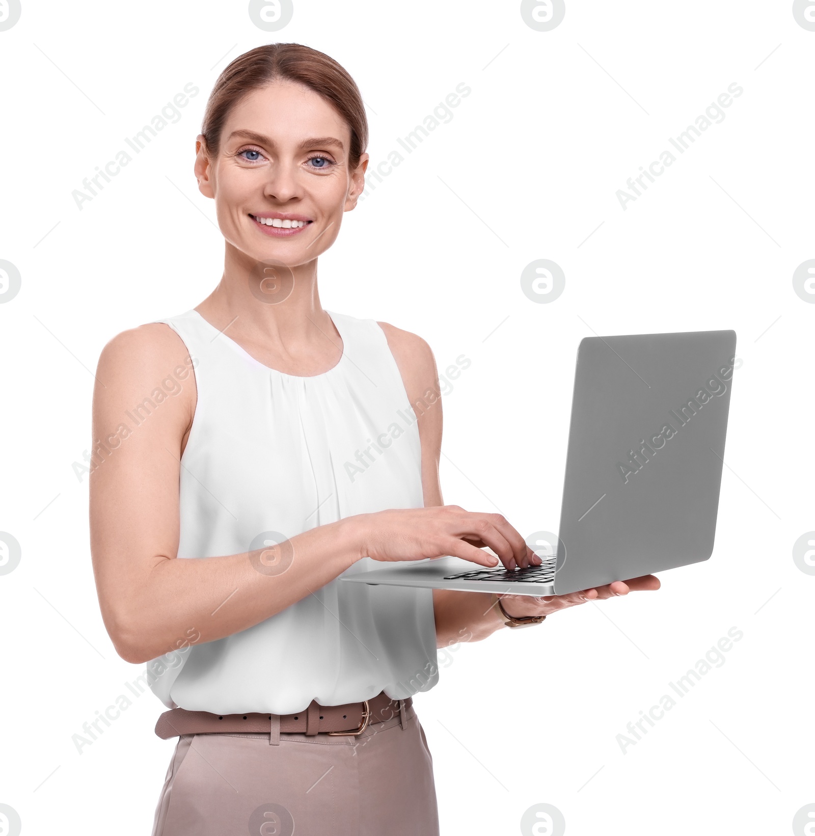 Photo of Beautiful happy businesswoman with laptop on white background