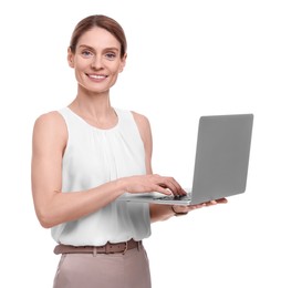 Beautiful happy businesswoman with laptop on white background