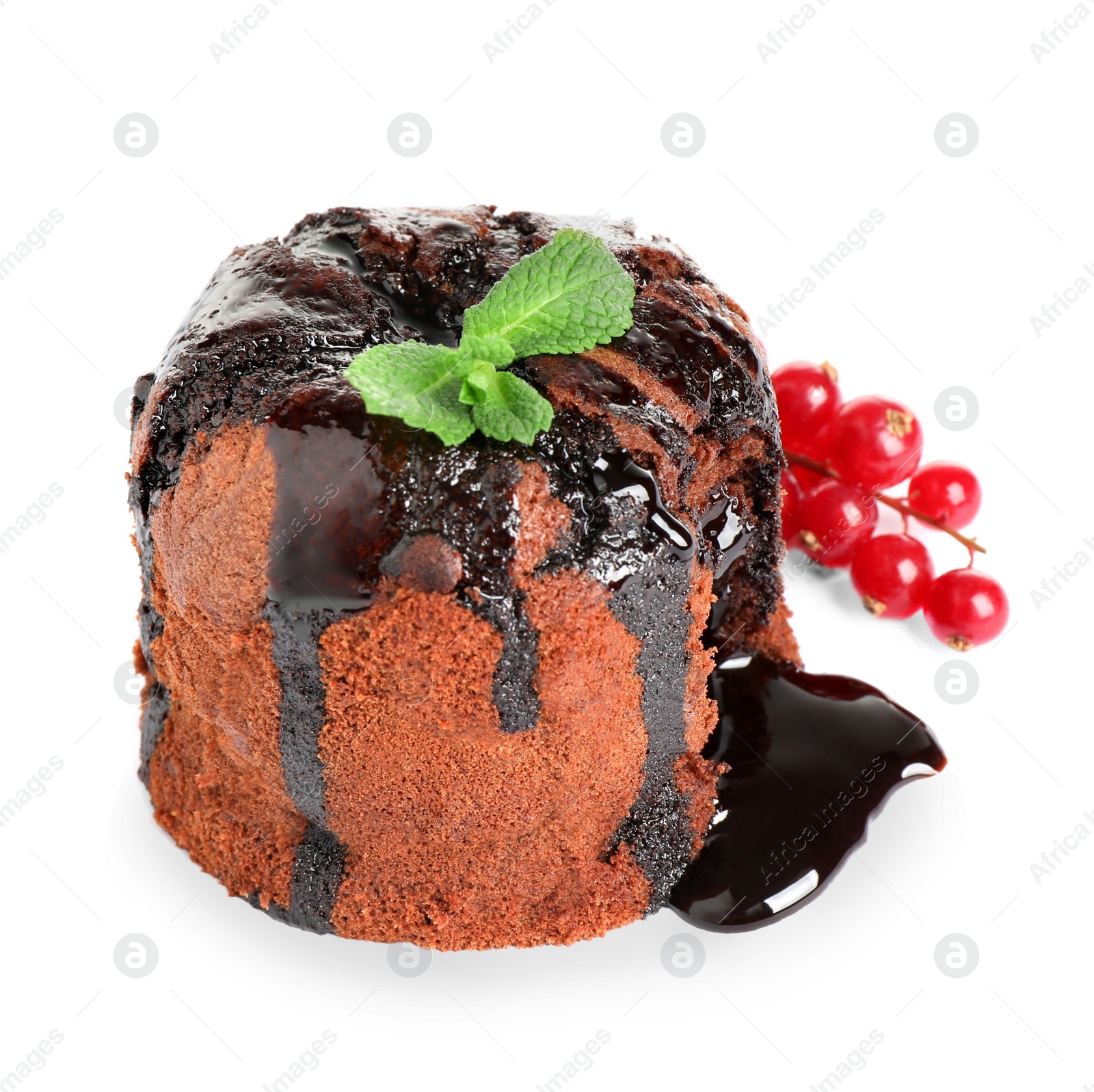 Photo of Delicious warm chocolate lava cake with mint and berries isolated on white