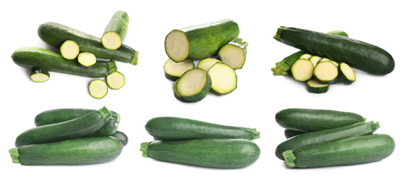 Image of Set of fresh ripe zucchinis on white background. Banner design