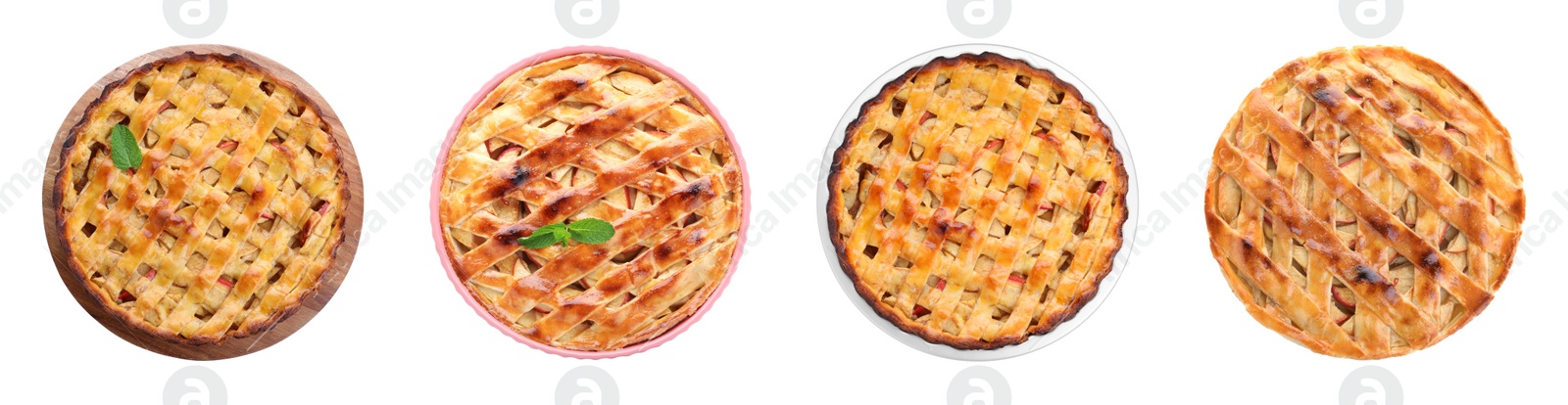 Image of Set of traditional apple pies on white background, top view. Banner design