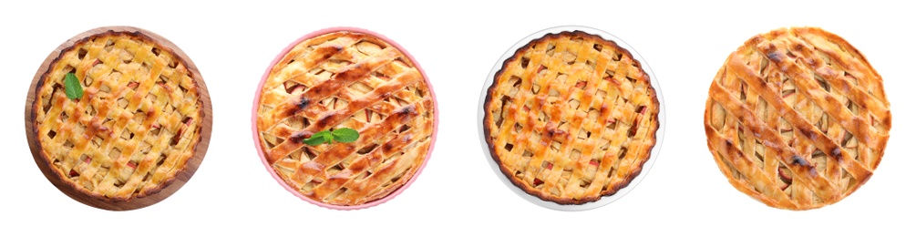 Set of traditional apple pies on white background, top view. Banner design