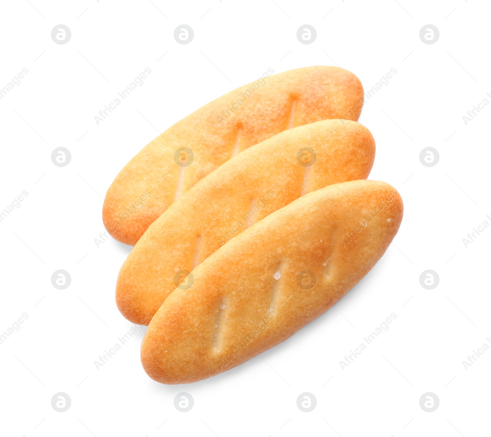 Photo of Delicious crispy crackers isolated on white, top view