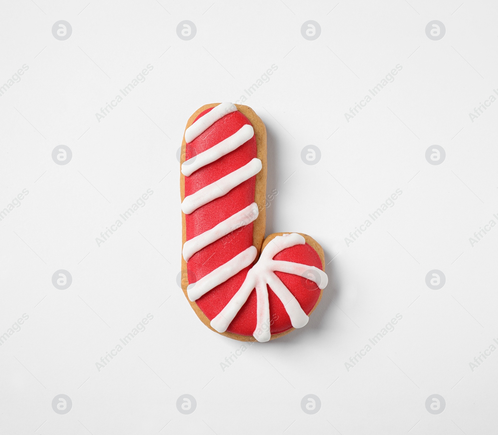 Photo of Tasty homemade Christmas cookie on white background, top view