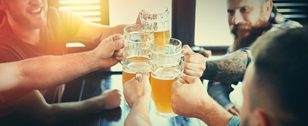 Image of Group of friends toasting with beer in pub, closeup. Banner design