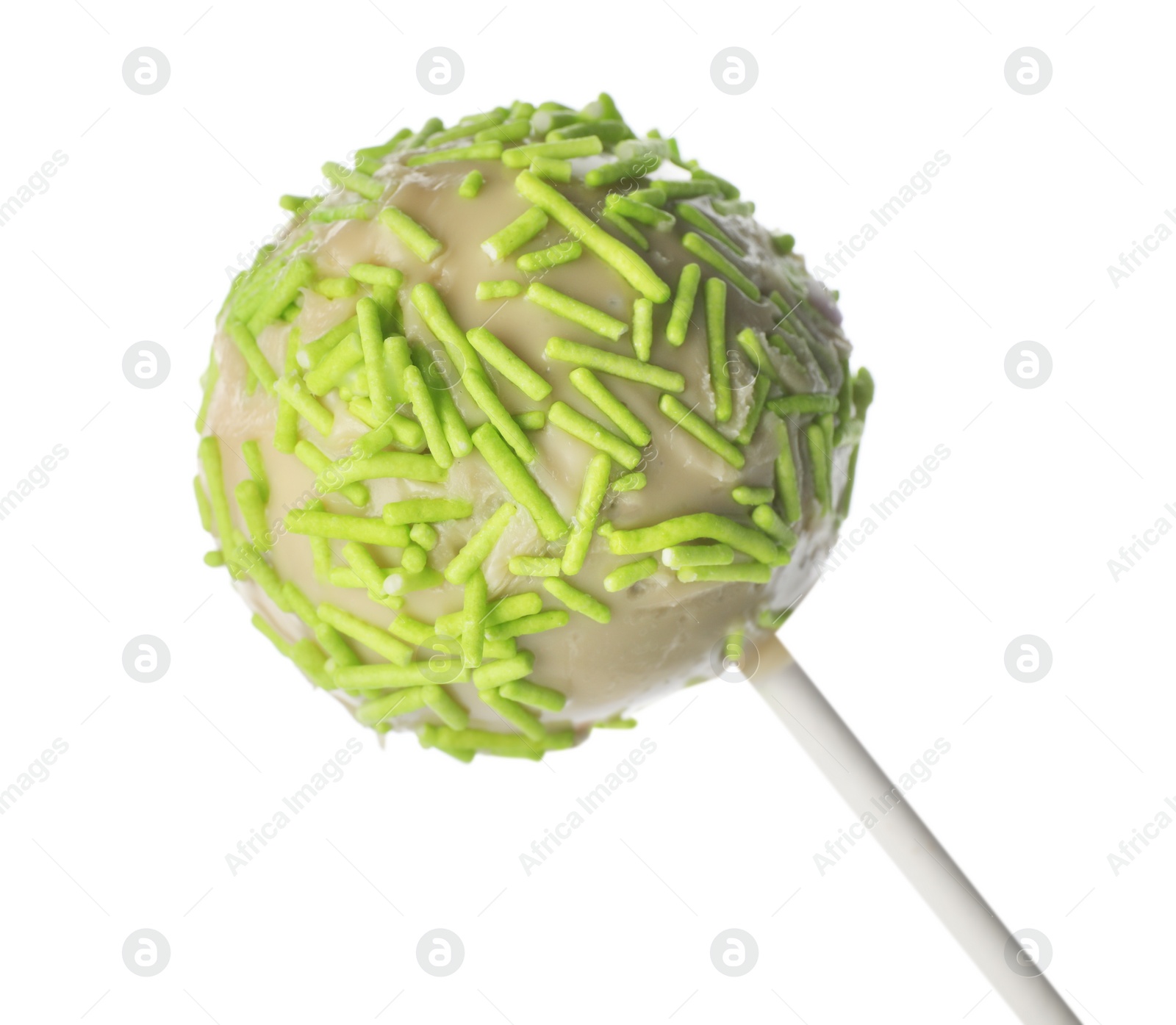 Photo of Tasty cake pop with green sprinkles isolated on white