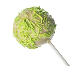 Photo of Tasty cake pop with green sprinkles isolated on white