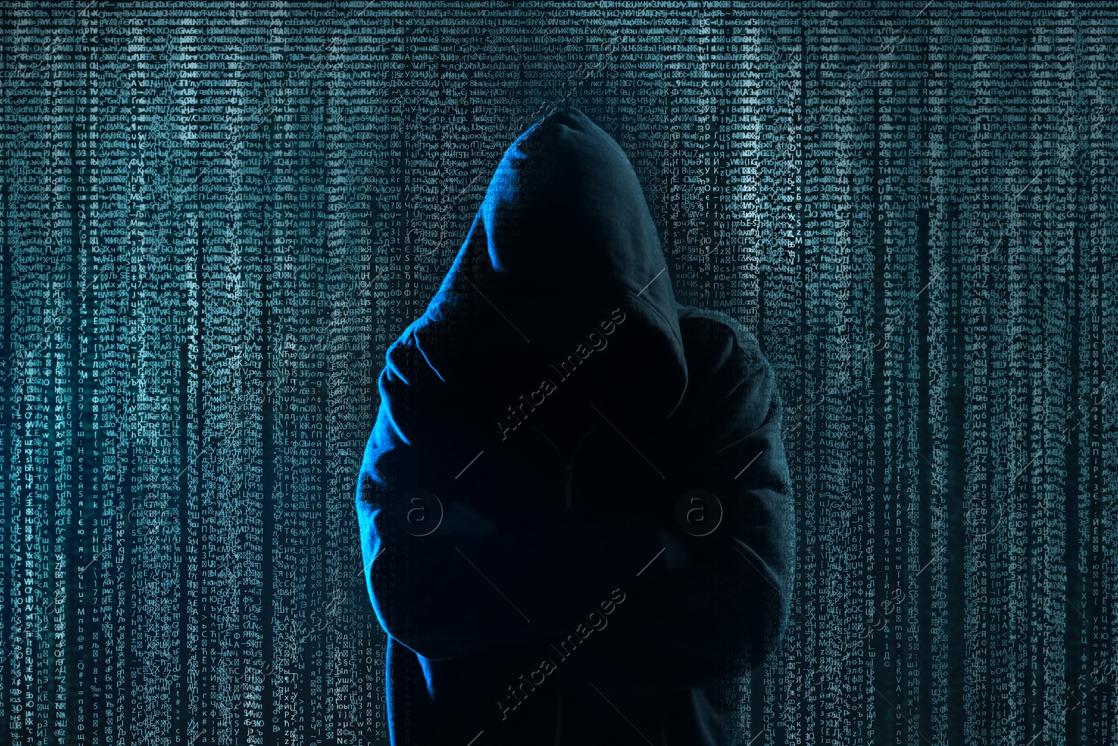 Image of Hacker and digital symbols on dark background. Cyber crime concept