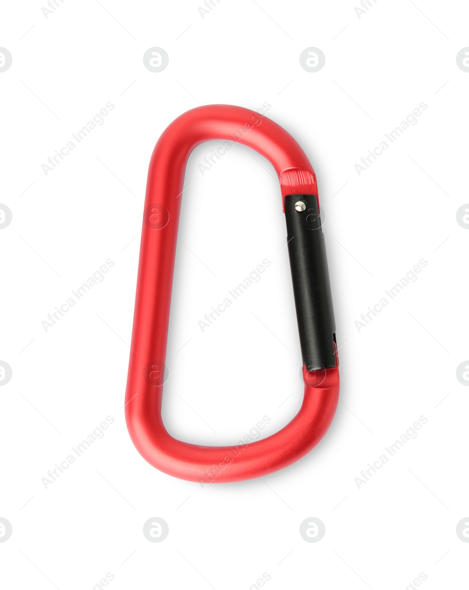 Photo of One red carabiner isolated on white, top view