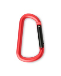 Photo of One red carabiner isolated on white, top view