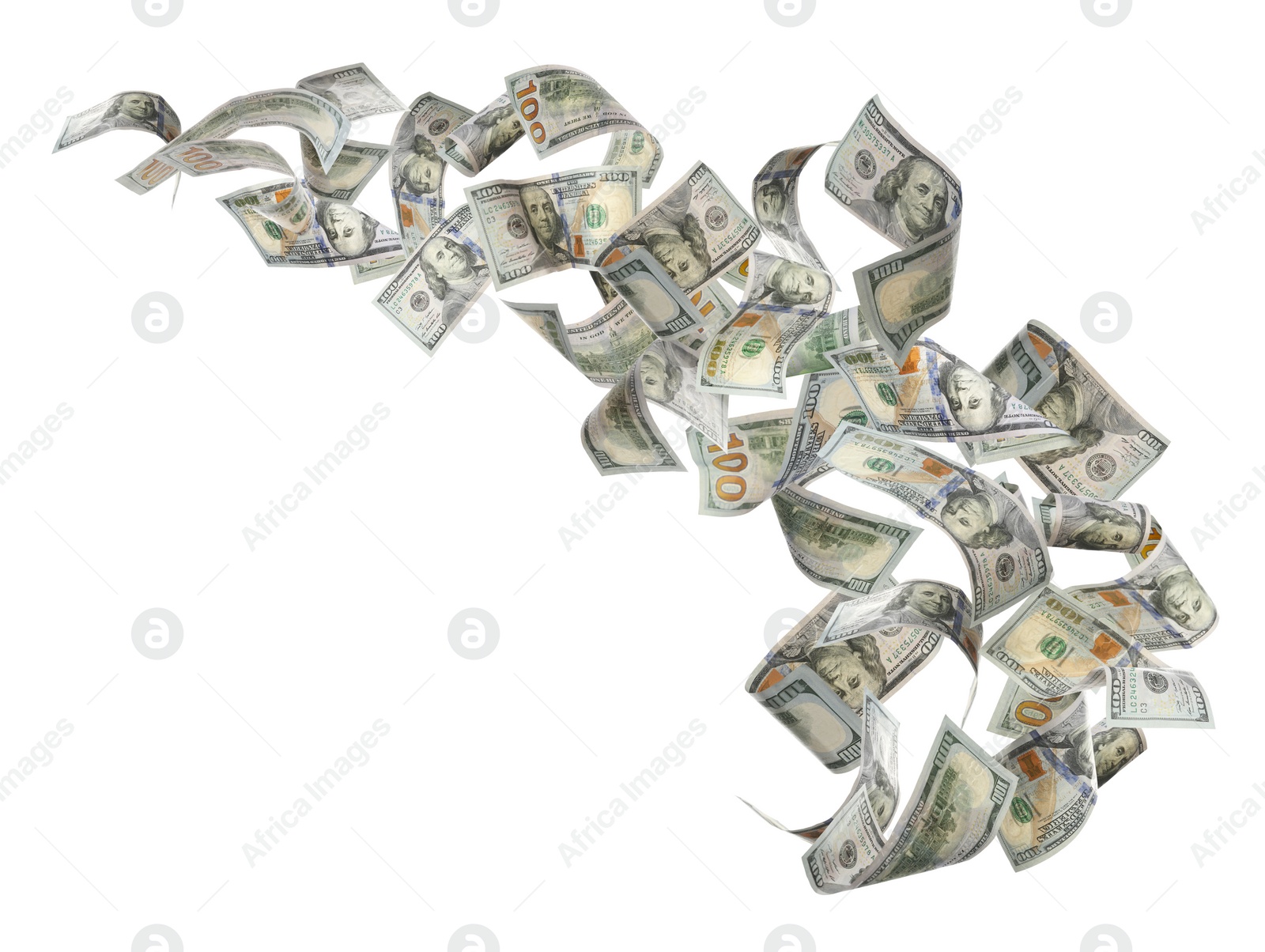 Image of Many American dollars on white background. Flying money