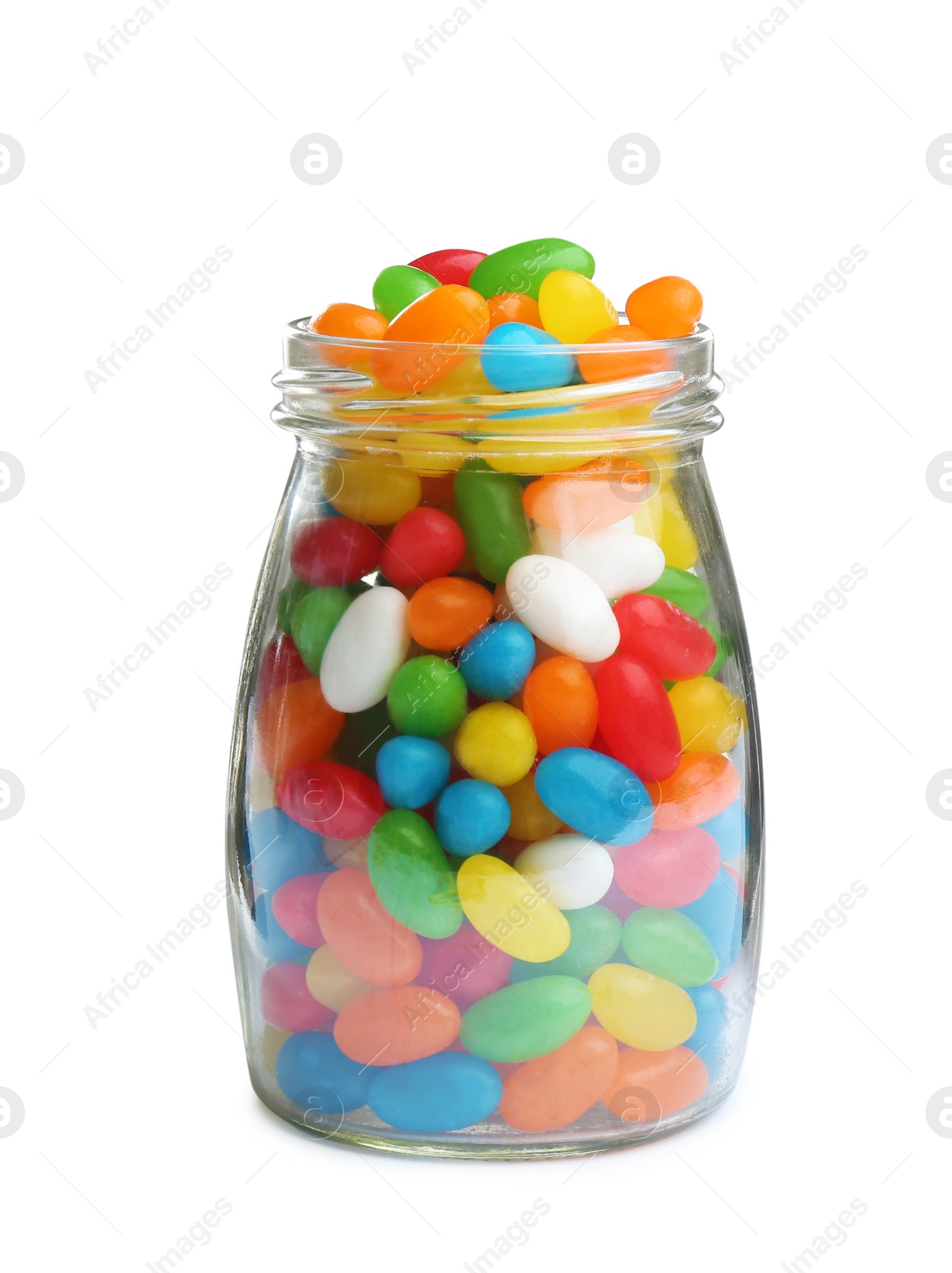 Photo of Glass jar of tasty jelly beans on white background