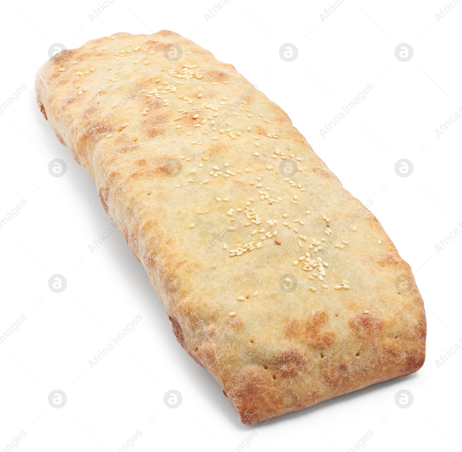 Photo of Delicious strudel with tasty filling isolated on white