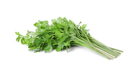 Photo of Heap of chopped parsley leaves isolated on white