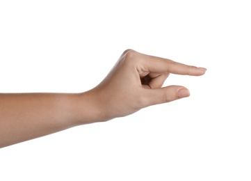 Woman holding something on white background, closeup of hand