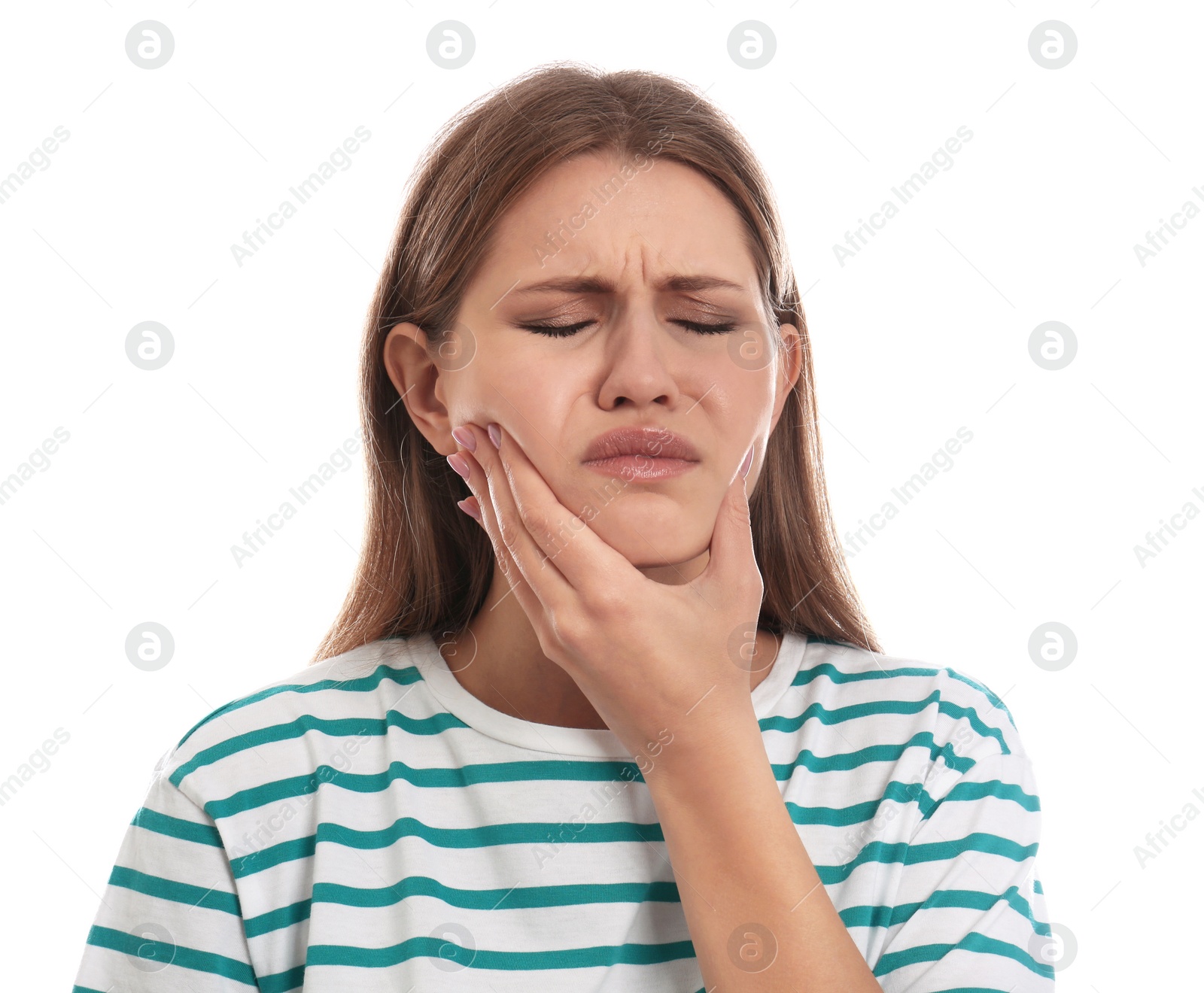 Photo of Young woman suffering from toothache on white background