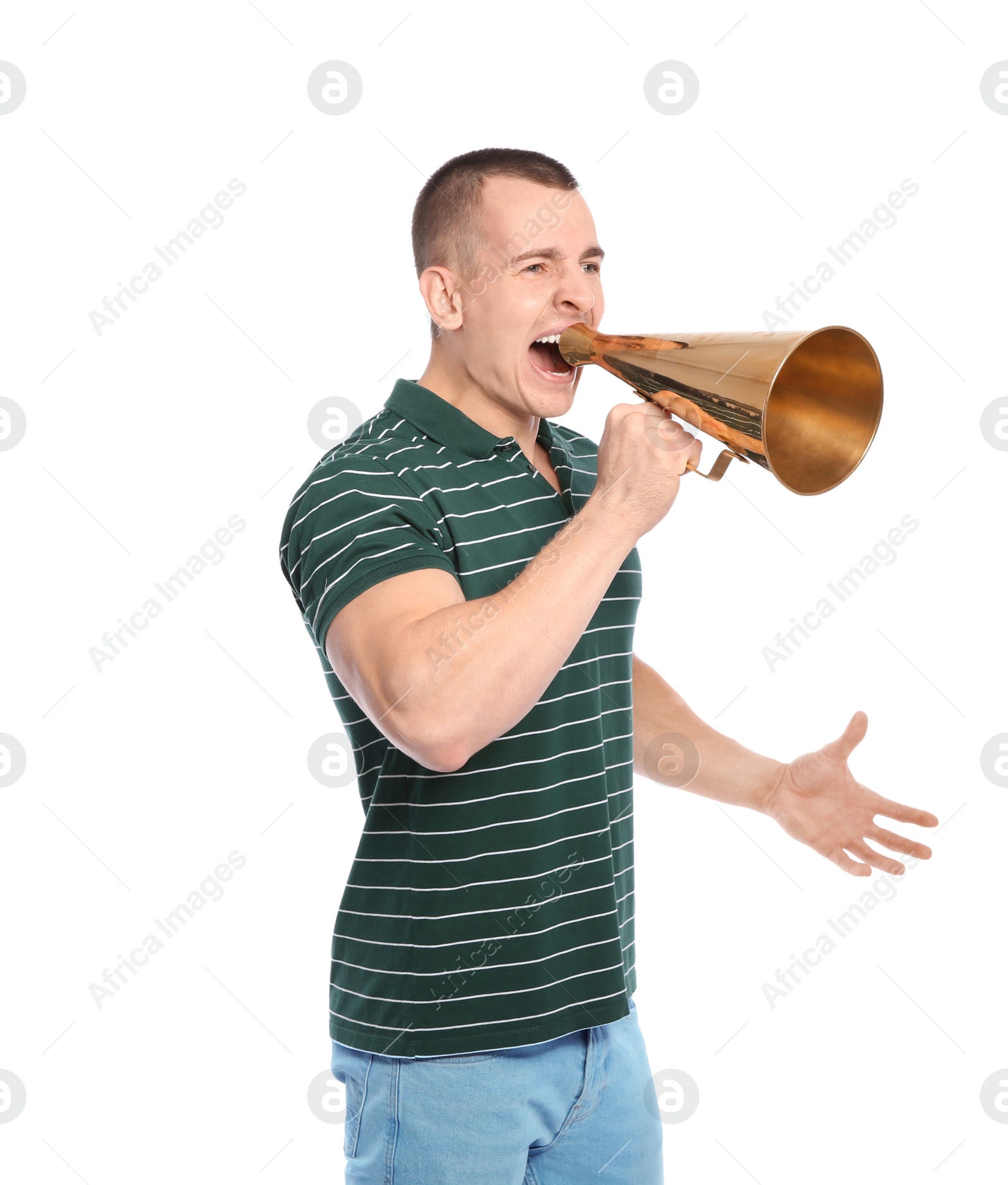 Photo of Young emotional man with megaphone on white background