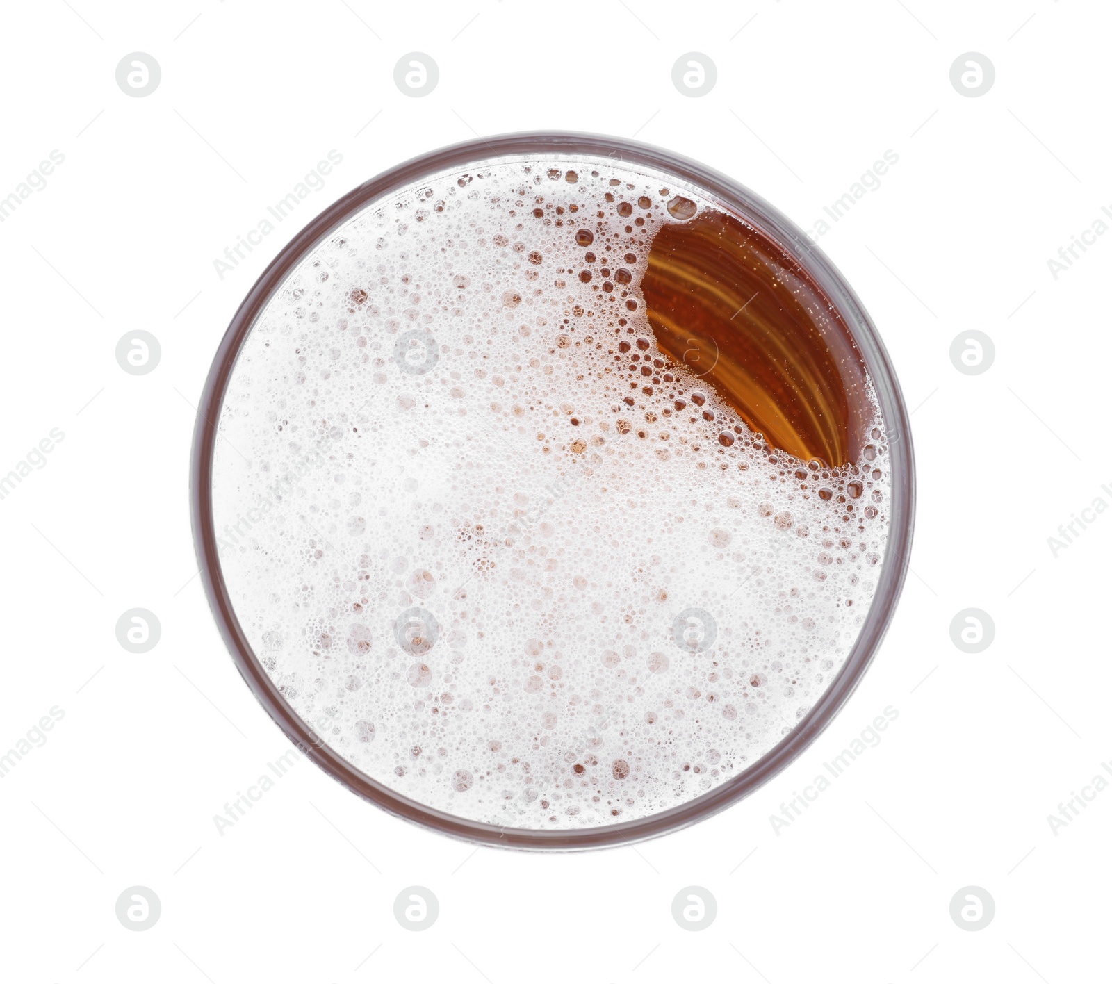 Photo of Glass with fresh beer isolated on white, top view