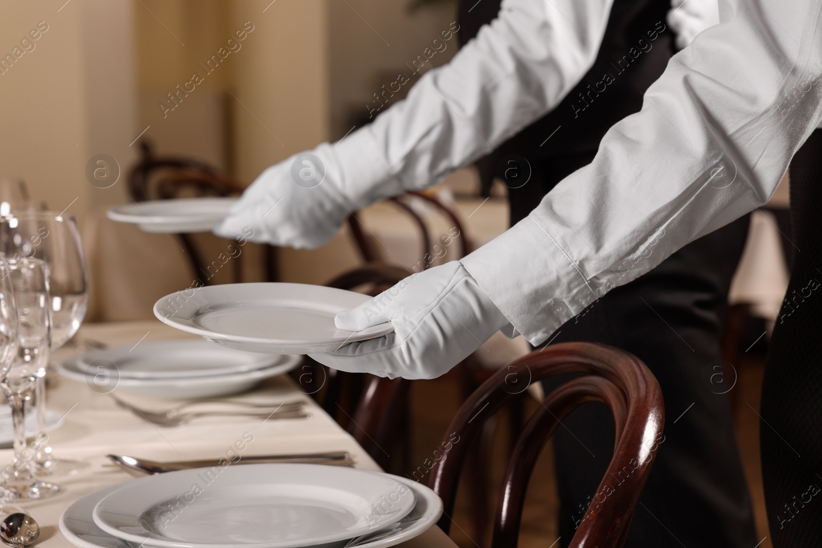 Photo of Woman setting table in restaurant, closeup. Professional butler courses