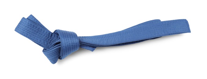 Blue karate belt isolated on white. Martial arts uniform