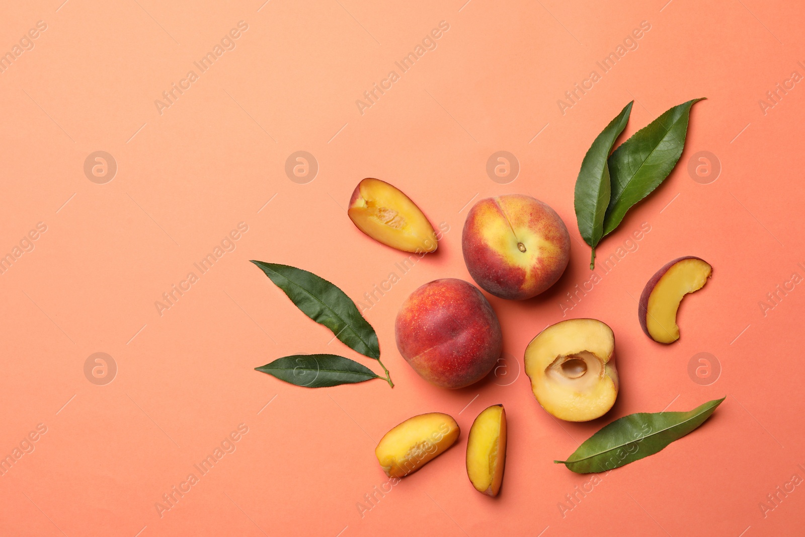 Photo of Flat lay composition with sweet juicy peaches and space for text on orange background