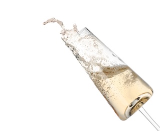 Photo of Glass of champagne on white background. Festive drink