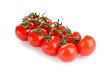 Photo of Branch of fresh cherry tomatoes isolated on white