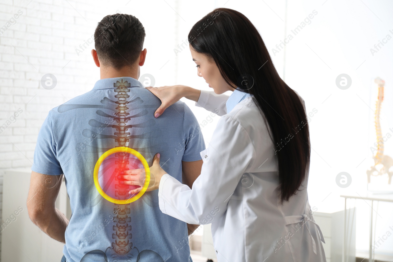 Image of Professional orthopedist examining man in medical office. Spinal pain