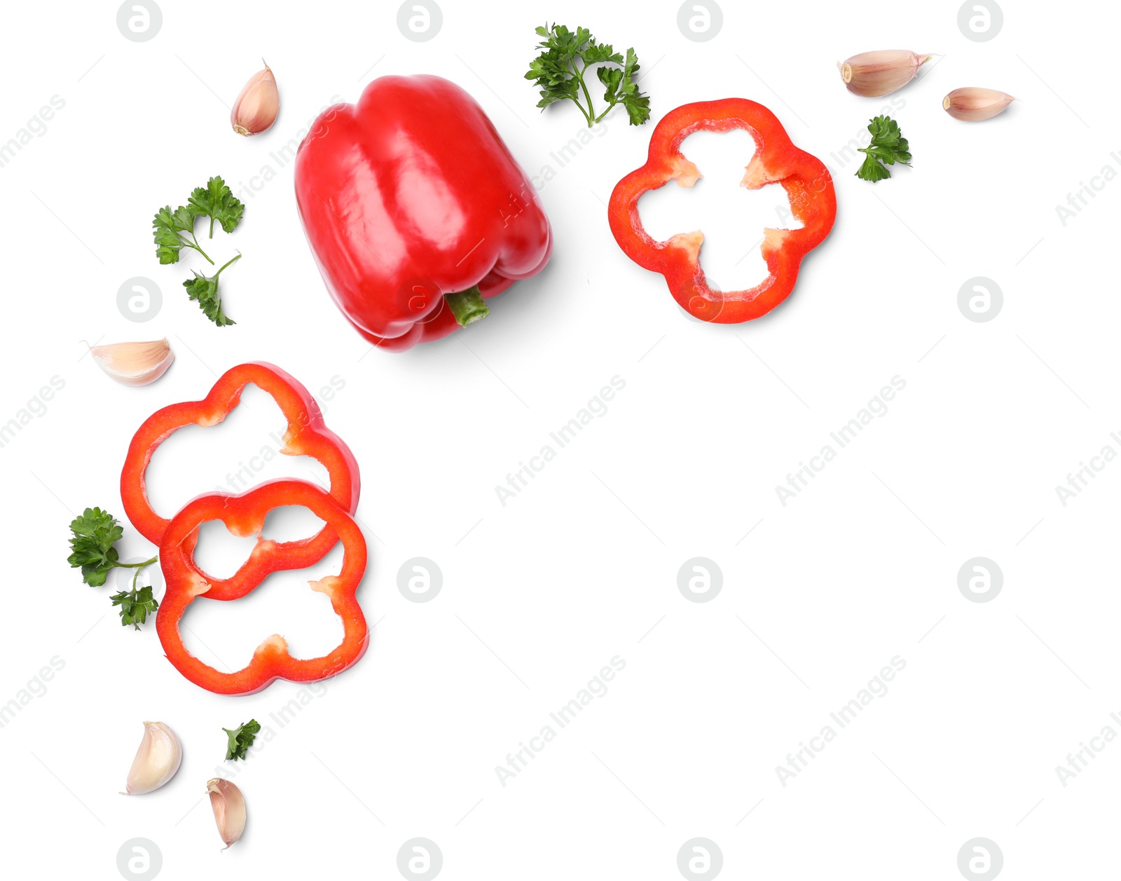 Photo of Beautiful composition with green fresh parsley and vegetables on white background, top view