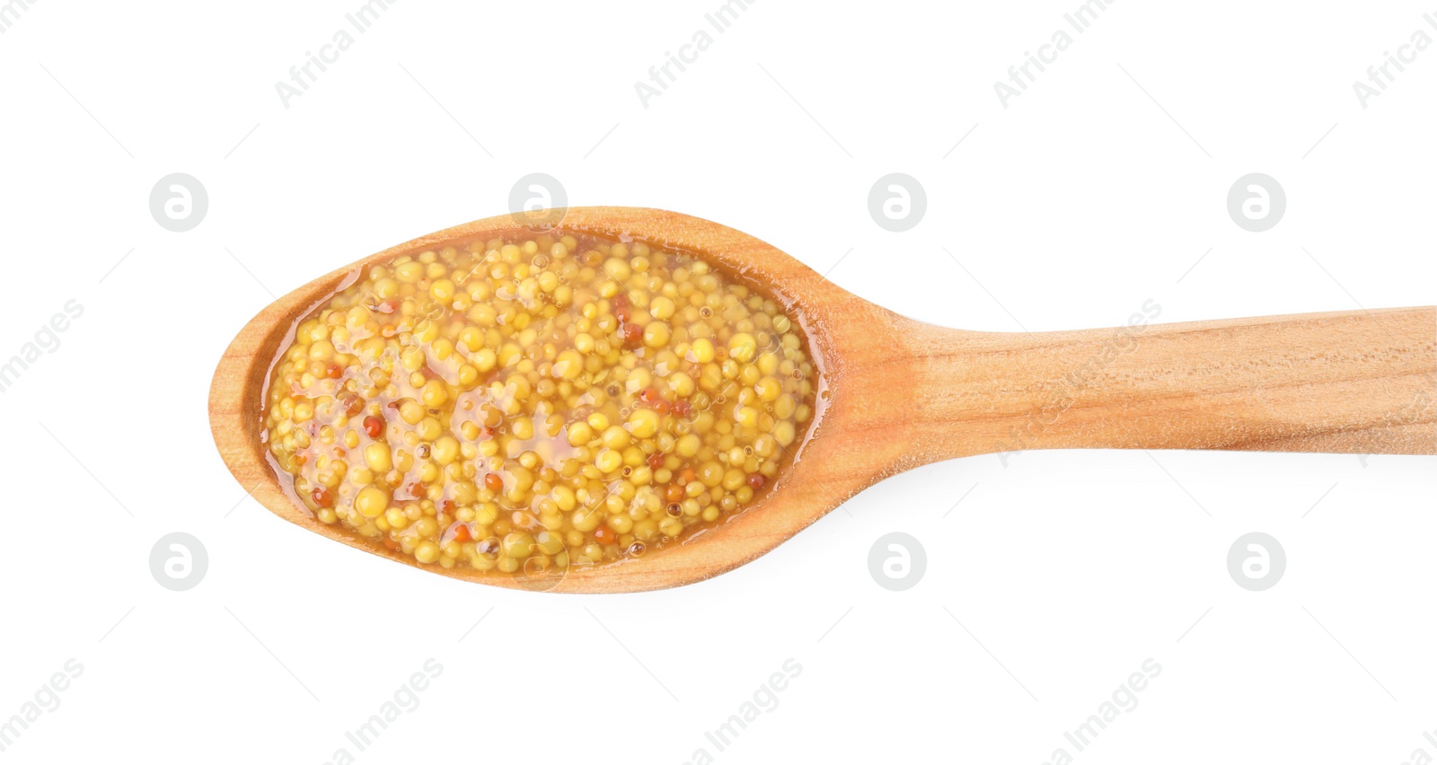 Photo of Wooden spoon with delicious whole grain mustard isolated on white, top view