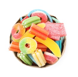 Paper bag of tasty colorful jelly candies on white background, top view