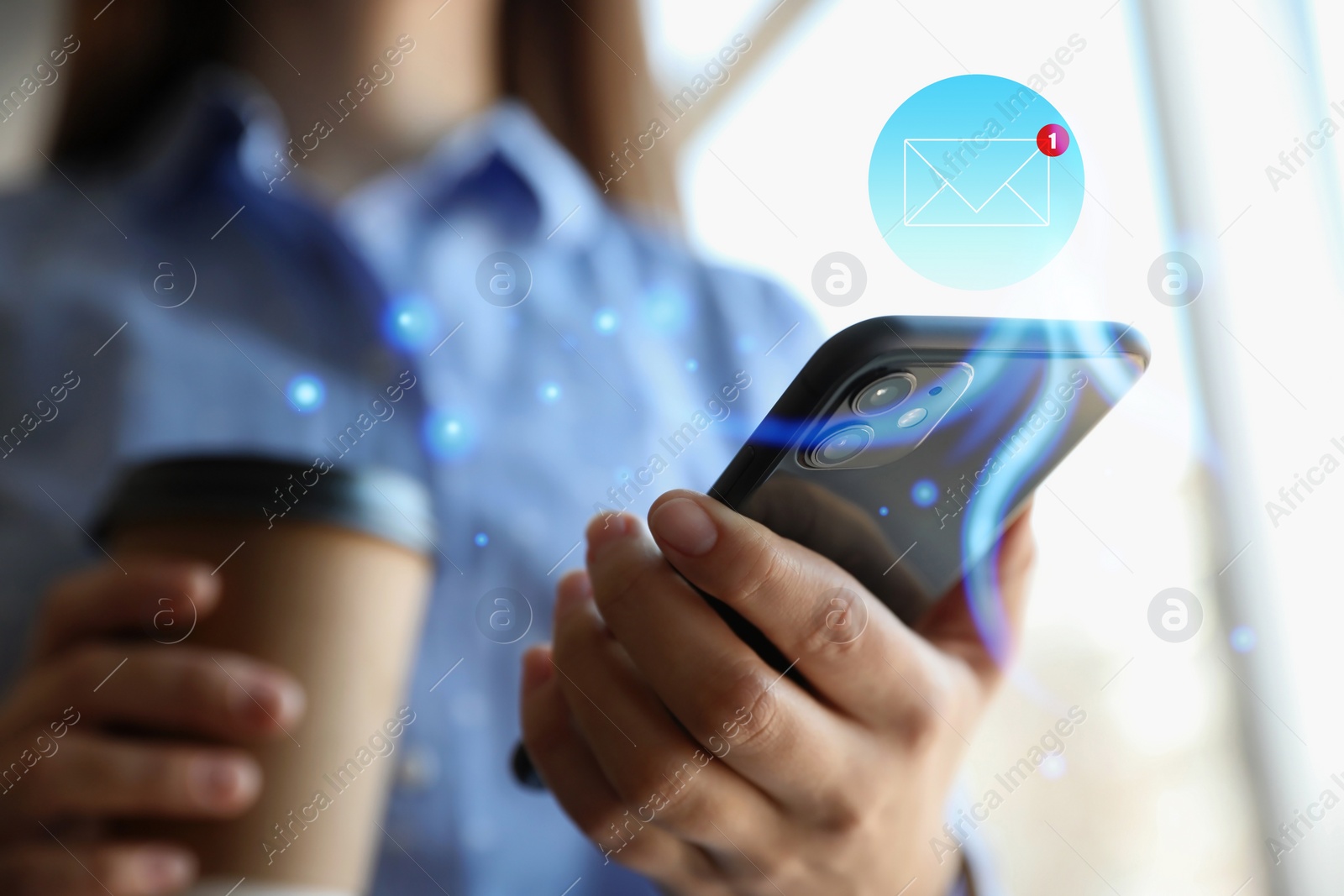 Image of Email. Woman using mobile phone indoors, closeup. Letter illustration over device