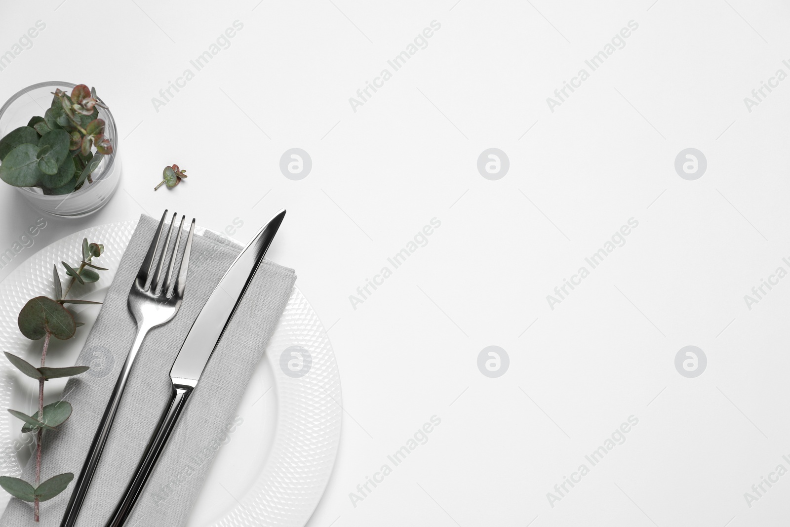 Photo of Stylish setting with cutlery and eucalyptus leaves on white background, top view. Space for text