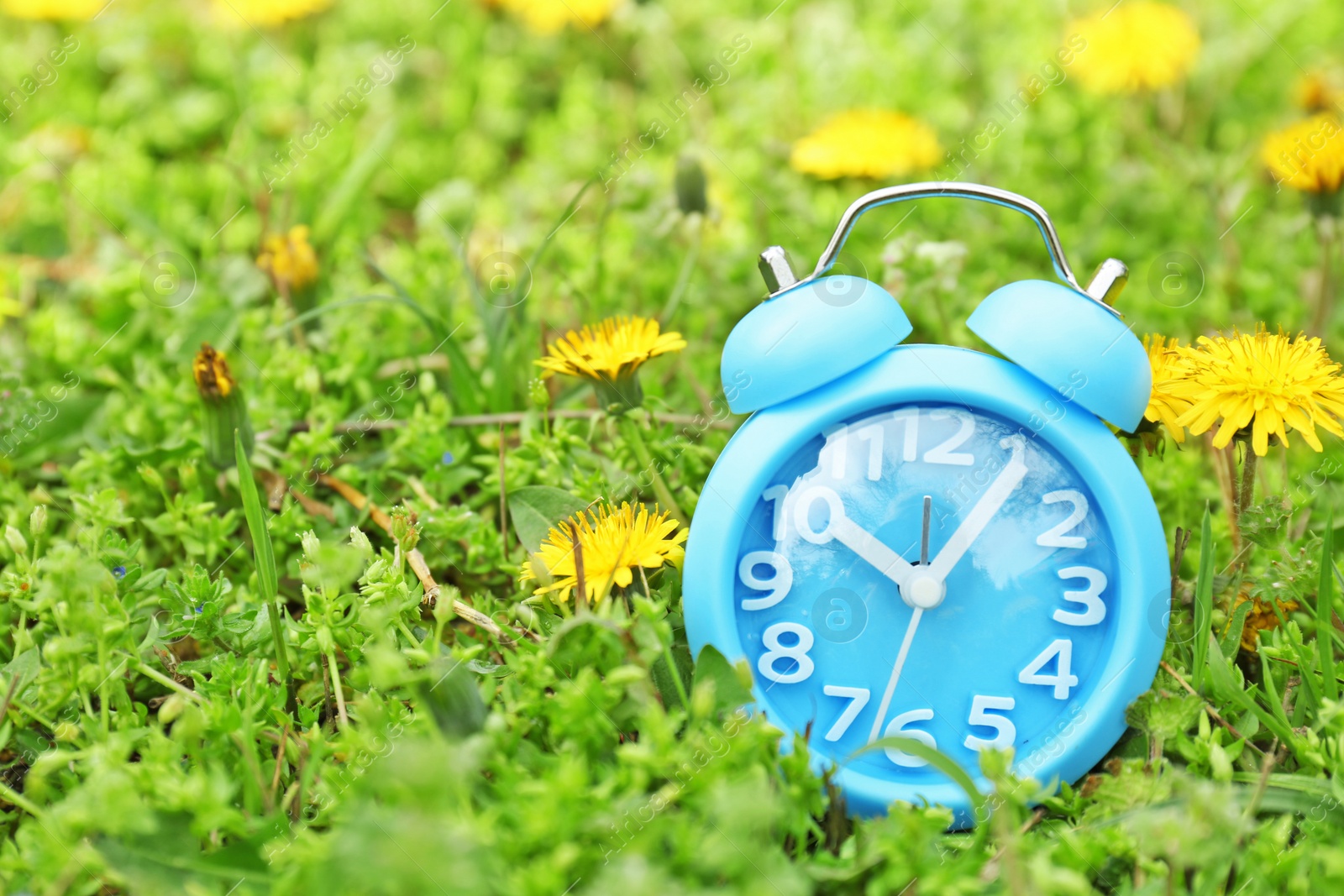 Photo of Alarm clock on green grass, outdoors. Time change concept